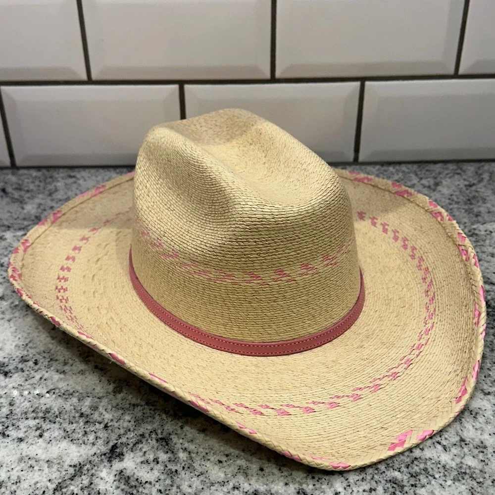 Atwood Kids XS/Small Cowboy Hat Tan Pink Whipstitch Straw Western Cowgirl Rodeo
